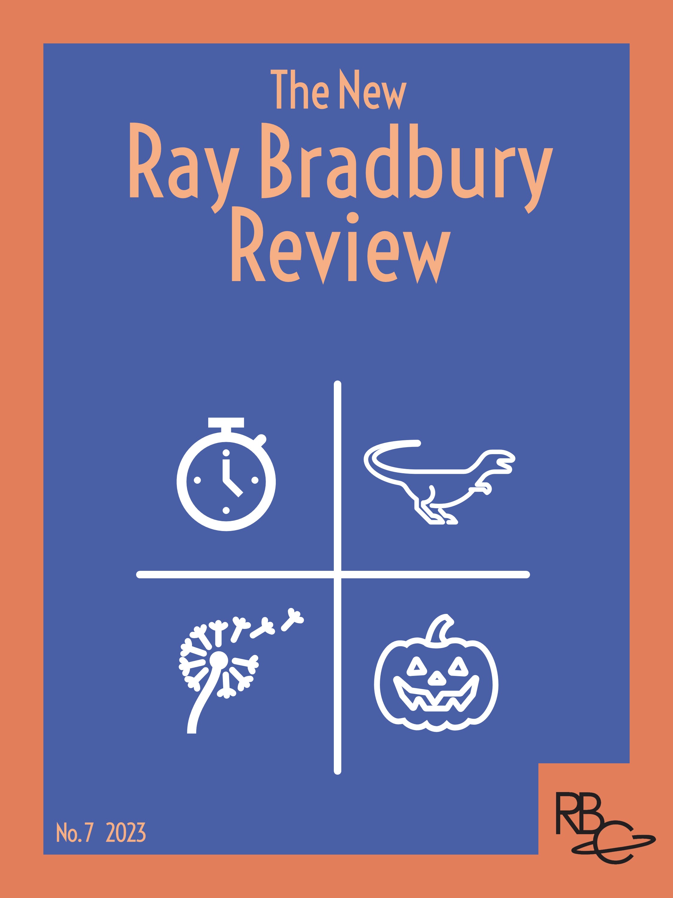 Cover of issue 7 of NRBR, depicting a timepiece, a dinosaur, a dandelion and a jack-a-lantern